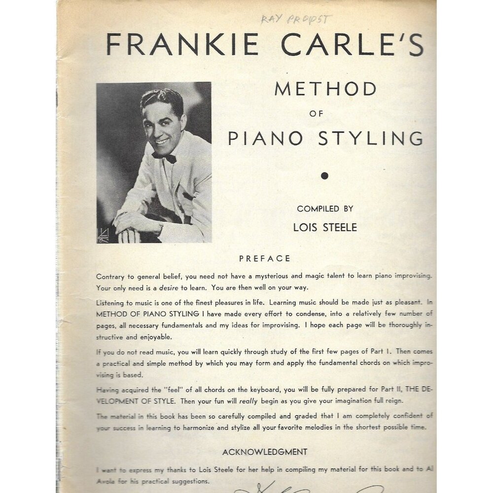 Frankie Carle Method of Piano Styling 1949 Vintage Piano Instruction Book